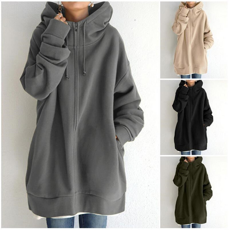Oversized damesjas met capuchon (maat S-5XL), losse pasvorm, herfst, damesjas met strikkraag, lange mouwen, ritssluiting, lange fluwelen sweater