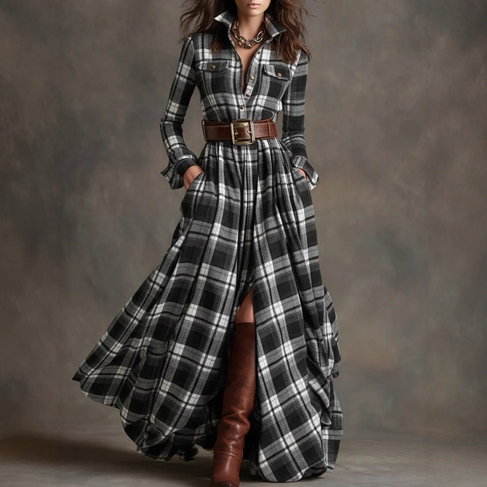Ins Plaid Print Long-Sleeved Dress