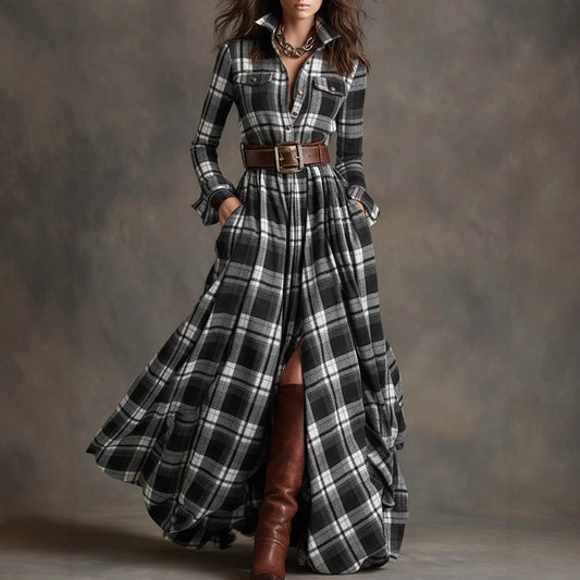 Ins Plaid Print Long-Sleeved Dress