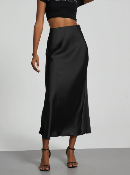 Women's Slim Fit Satin Skirt Fashion Chic Solid Long Skirt
