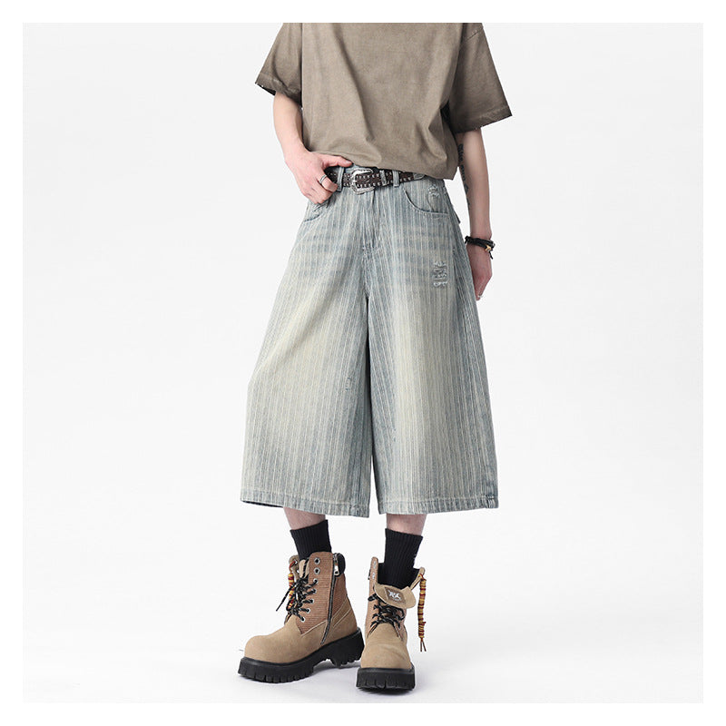 Workwear Striped Capri Denim Shorts