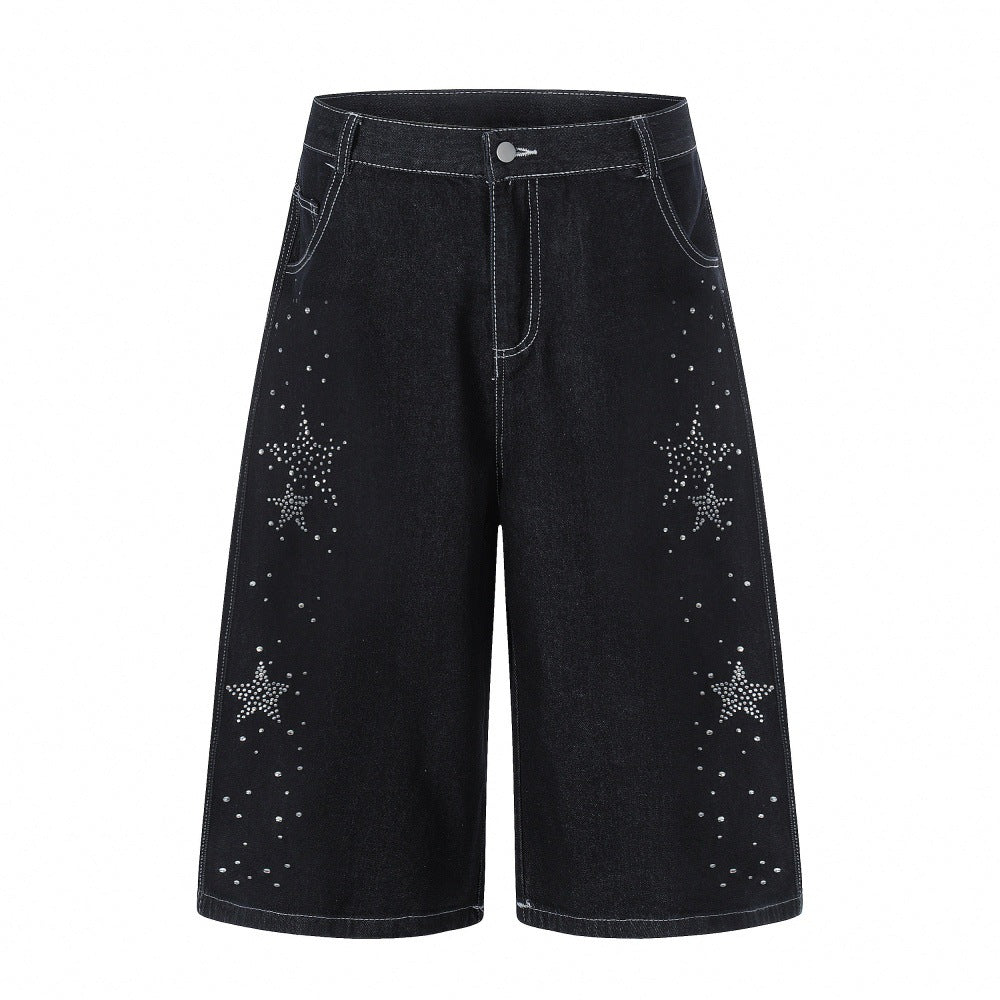 Men's Five-Pointed Star Rhinestone Straight-Leg Denim Shorts