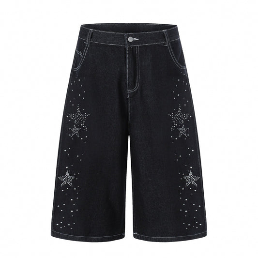 Men's Five-Pointed Star Rhinestone Straight-Leg Denim Shorts