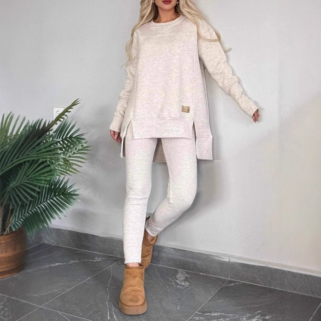 Women's Slit Long Sleeve Top And Trousers Suit