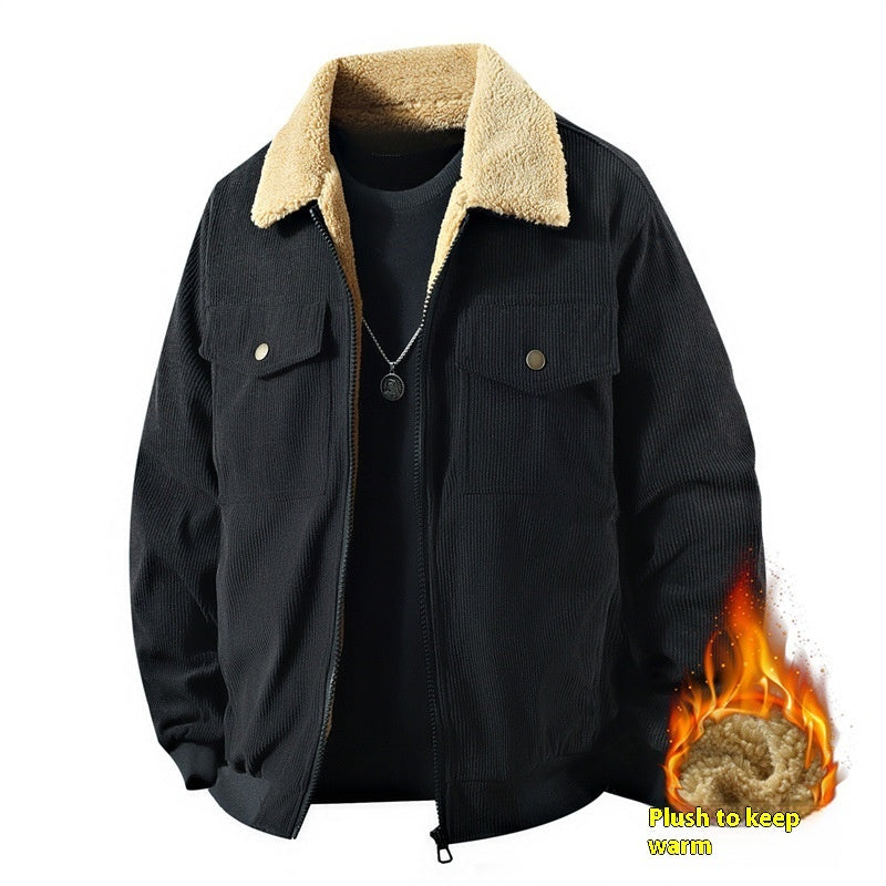 Fleece Corduroy Cotton Coat Jacket Men's Loose Casual Polo Collar Coat