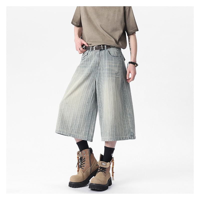 Workwear Striped Capri Denim Shorts
