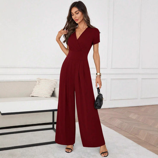 Women's Solid-Color Short-Sleeve Pleated Wide-Leg Jumpsuit