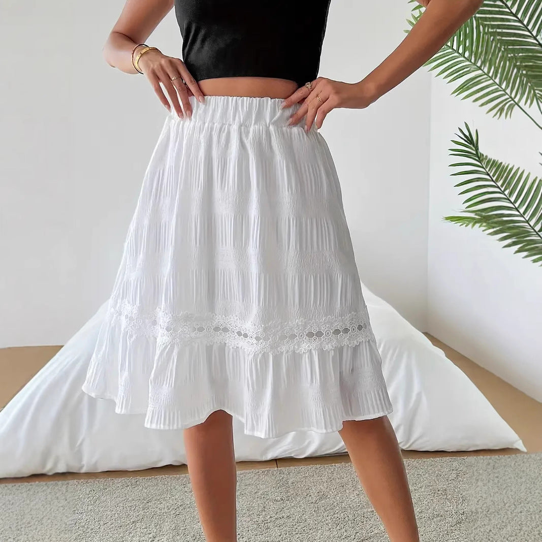 Solid-color Casual Chic Resort-style Ruffled Sexy Stretch-waist Skirt