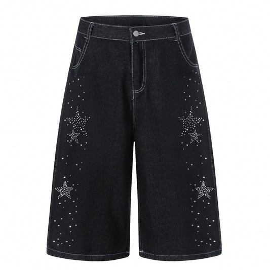 Men's Five-Pointed Star Rhinestone Straight-Leg Denim Shorts