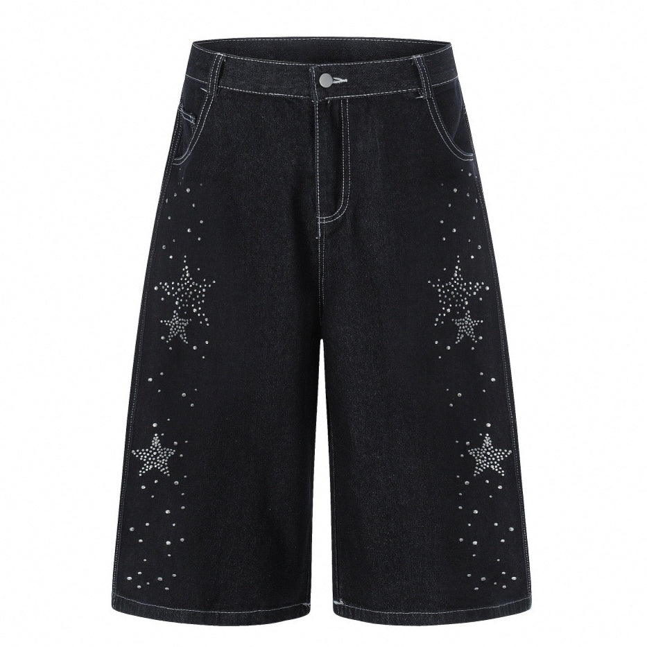 Men's Five-Pointed Star Rhinestone Straight-Leg Denim Shorts