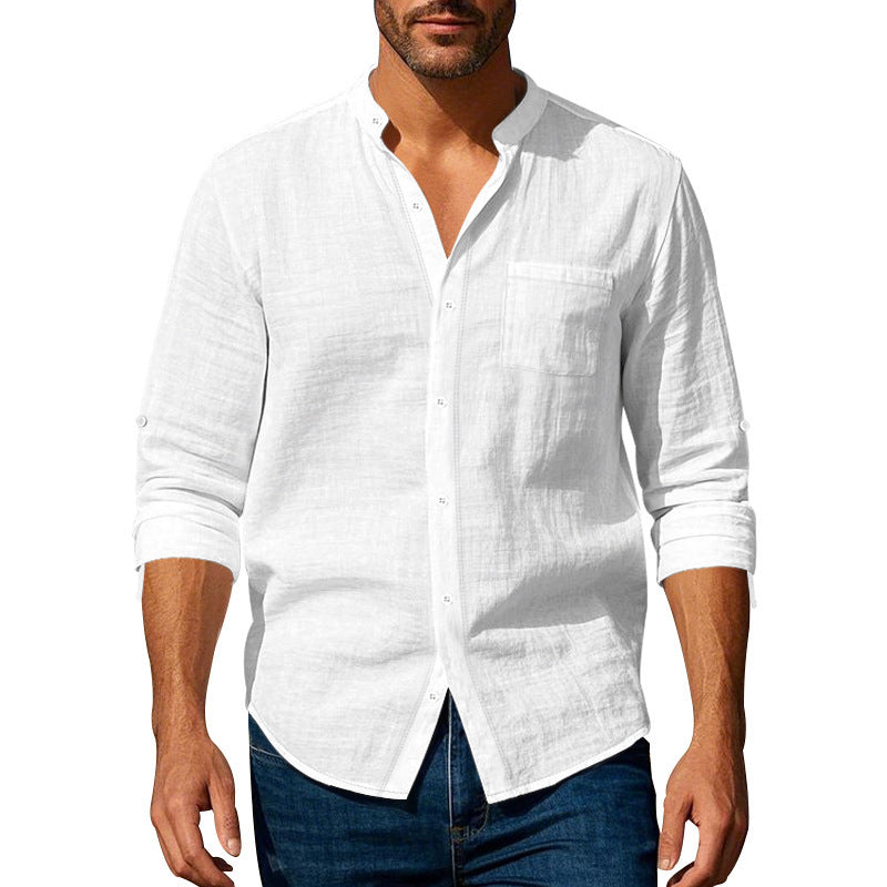 Long Sleeve Stand Collar Shirt With Pockets Casual Men's Clothing
