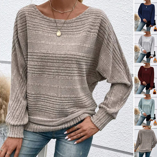 Solid Striped Batwing Sleeves T-shirt Fashion Casual Pullover Round Neck Long Sleeve Top Spring And Autumn Women's Clothing
