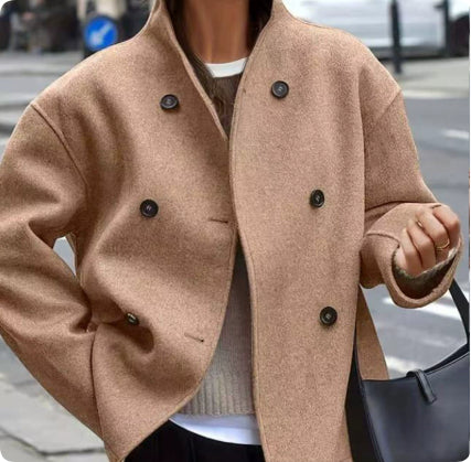 Vintage Brown Woolen Coat Women's V-neck