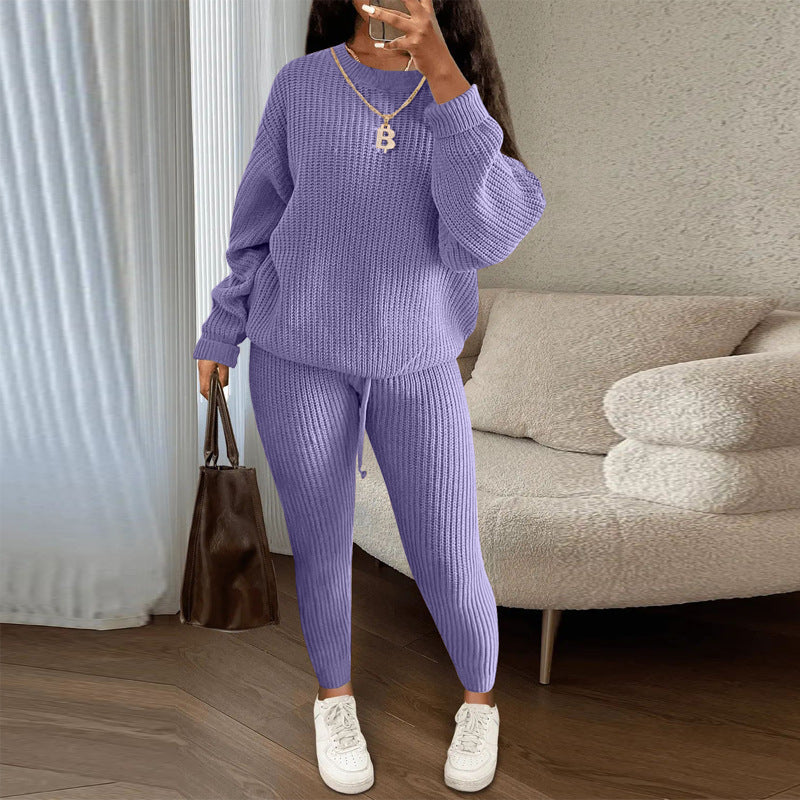 Winter Ribbed Knit Suits Loose Pullover Sweater Top And Drawstring Pants Set