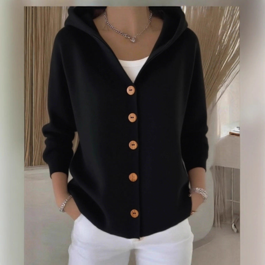 Ins Button Hooded Sweater Fashion Autumn And Winter Knitted Cardigan Casual Commuter Long Sleeve Top Women's Clothing
