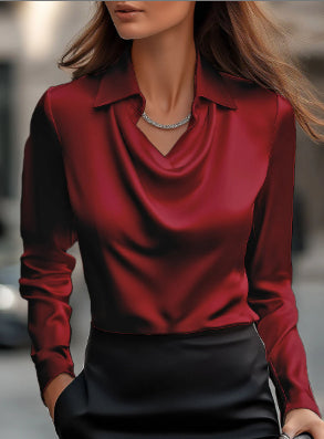 Women's Swing Collar Draped Shirts & Blouses Elegant Solid Satin