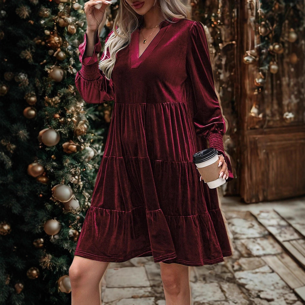 Long Sleeve Christmas Skirt Velvet Cake Dresses With Puffy Sleeves