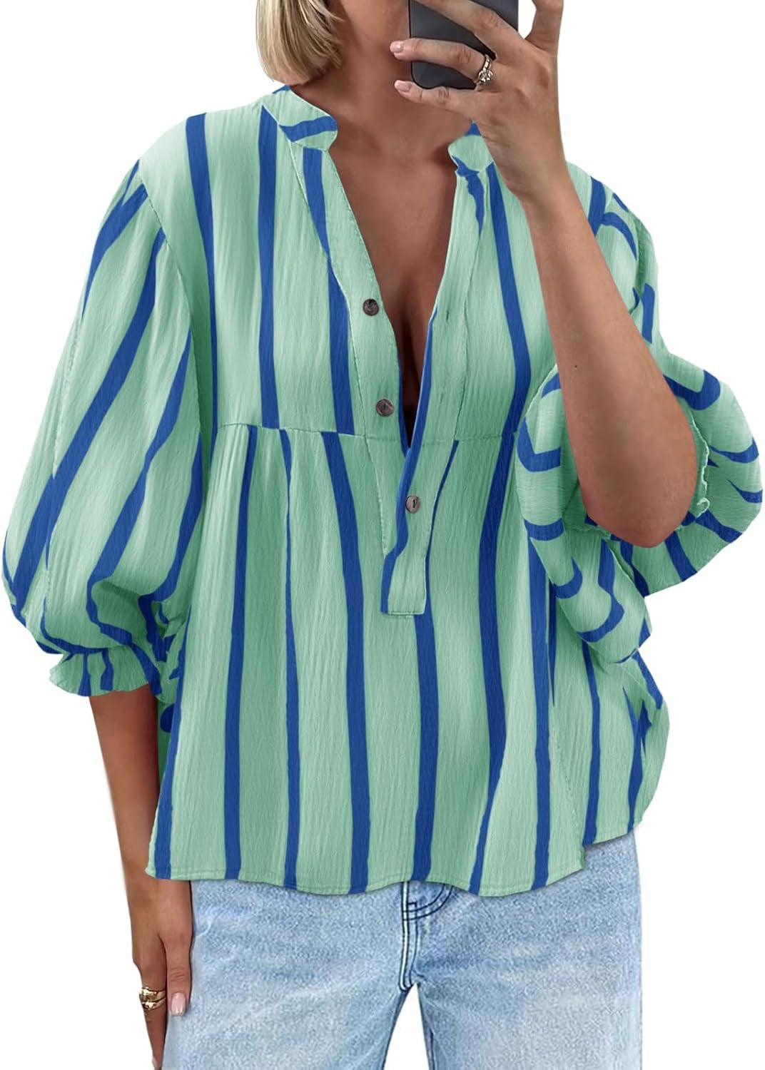 Women's Striped Shirt Puff Sleeve Loose Top