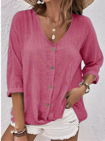 T-shirt met V-hals en lange mouwen, effen kleur, knoopsluiting, casual en losvallend model voor dames