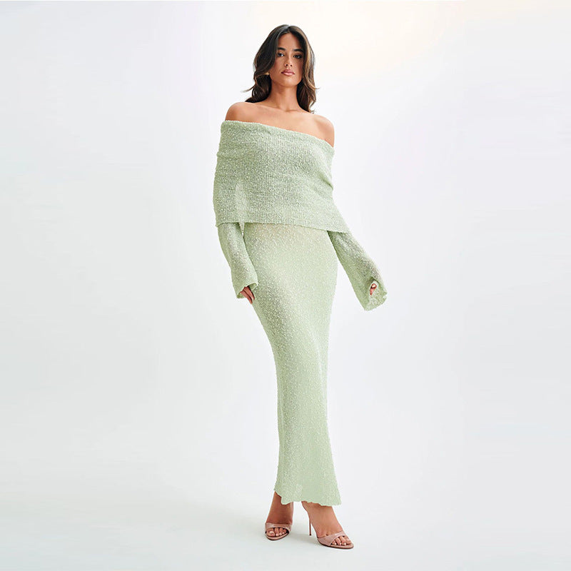 New One-shoulder Knitted Long-sleeved Dress