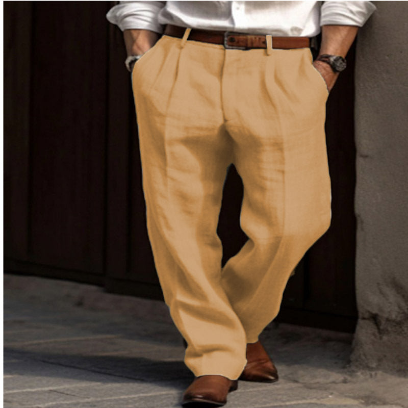 Men's Linen Trousers Double Pleated Front Pocket Straight Pure Color Comfort Breathable Casual