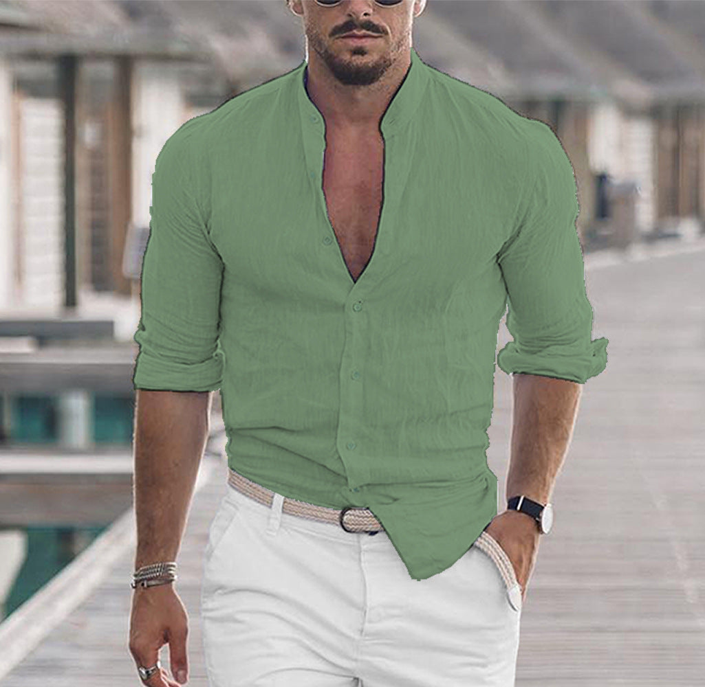 Men's Long Sleeve Shirt With Button Casual Solid Color Tops For Spring Autumn