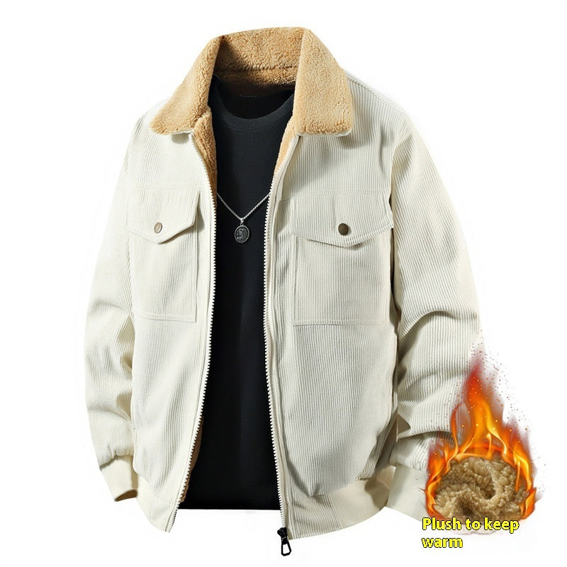 Fleece Corduroy Cotton Coat Jacket Men's Loose Casual Polo Collar Coat