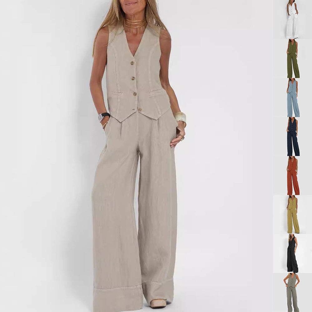Zomerse vestsets met V-hals, mouwloze top en losse rechte broek, casual dameskleding