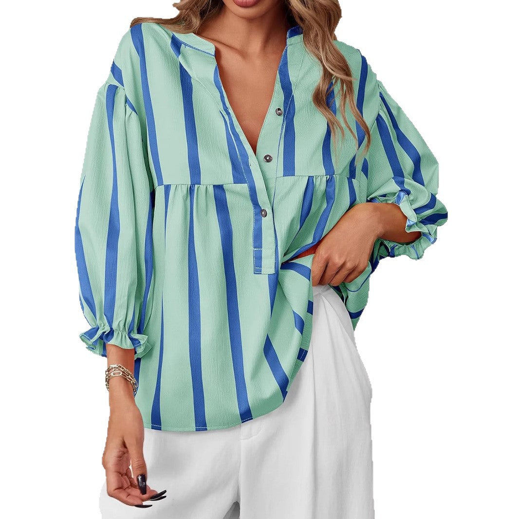 Women's Striped Shirt Puff Sleeve Loose Top