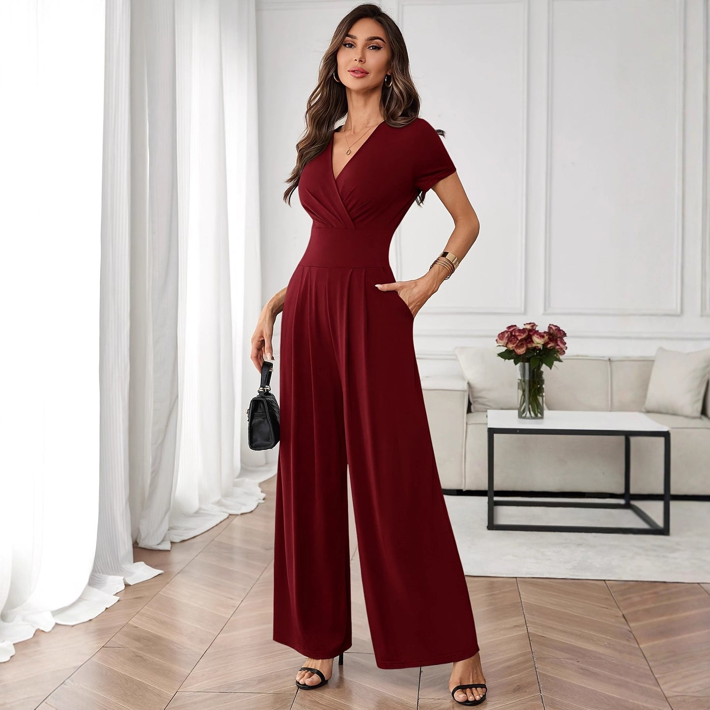 Women's Solid-Color Short-Sleeve Pleated Wide-Leg Jumpsuit