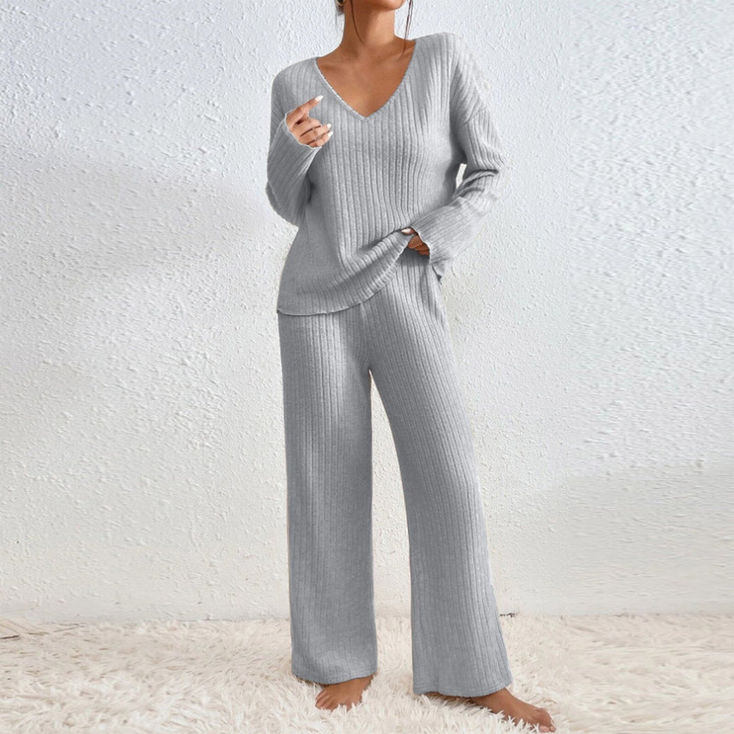 Long Sleeve V-neck Knitted Sunken Stripe Brushed Loose Leisure Suit