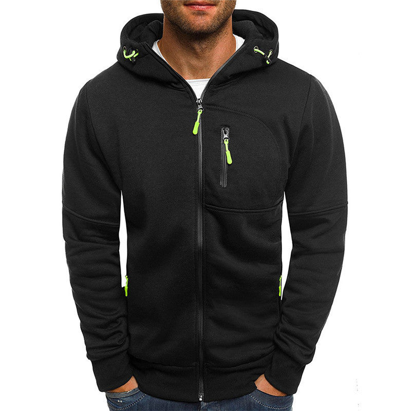 Men's Casual Zipper Hooded Sweater Solid Color Sports Fitness Jackets Cardigan
