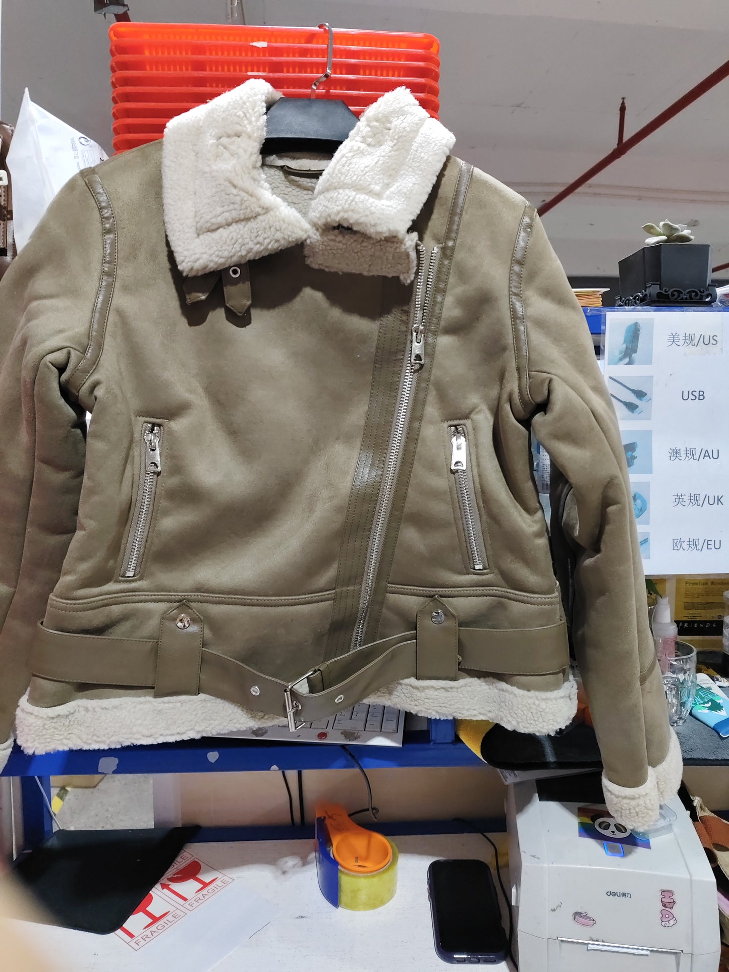 Winterjas met revers van suède en lamswol, warme jas, motorkleding voor dames.