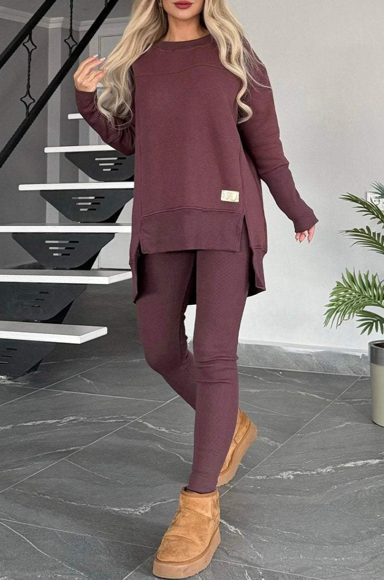 Women's Slit Long Sleeve Top And Trousers Suit