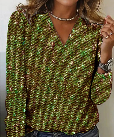 Women's Pure Color Sequins Long-sleeved T-shirt