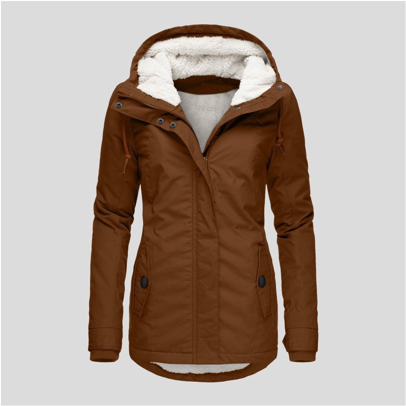 Winter Hooded Jacket Solid Color Warm Buckle Zip-up Fleece Jacket With Pockets Women's Casual Jacket