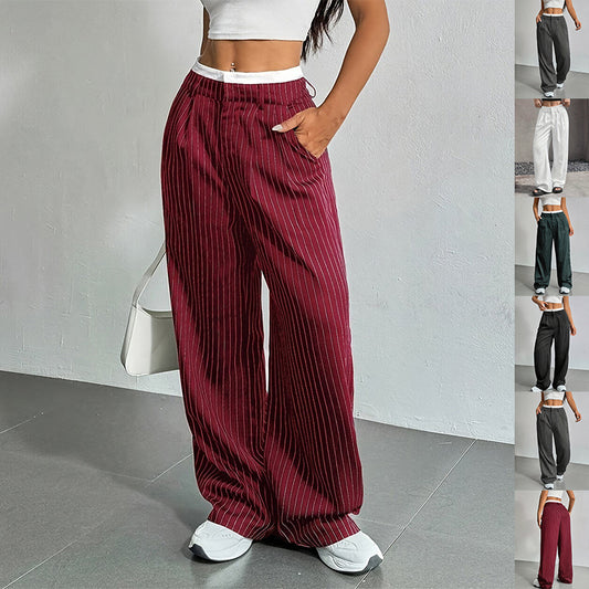 Stripe Printed Trousers Fashion High Waist Straight Leg Pants With Pocket Zipper