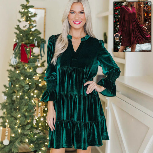 Long Sleeve Christmas Skirt Velvet Cake Dresses With Puffy Sleeves