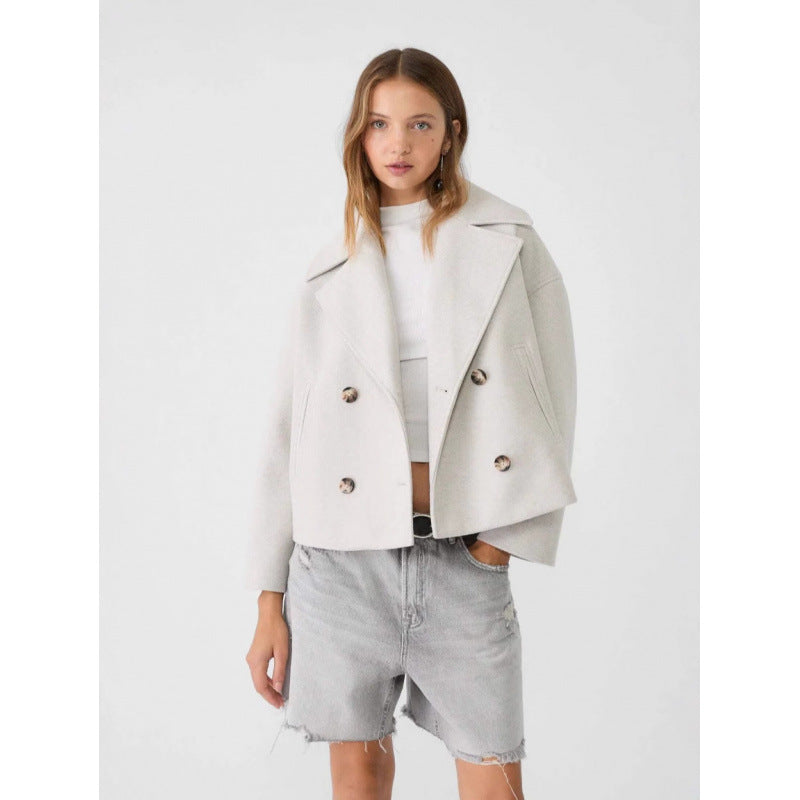 Ins Double-breasted reversblazer, modieuze, losse wollen korte jas, elegante dameskleding voor woon-werkverkeer