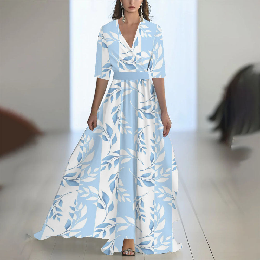 Printed Long Sleeved V-neck Patchwork Dress