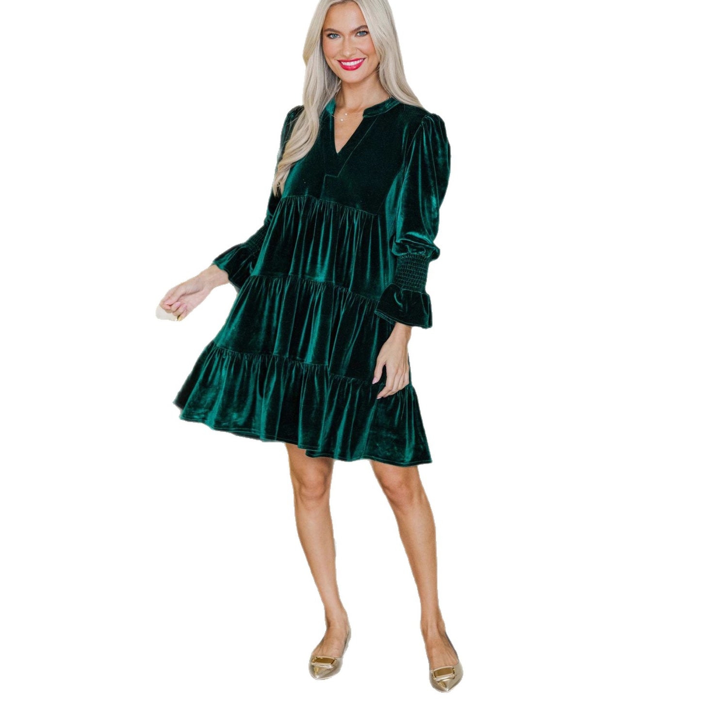 Long Sleeve Christmas Skirt Velvet Cake Dresses With Puffy Sleeves