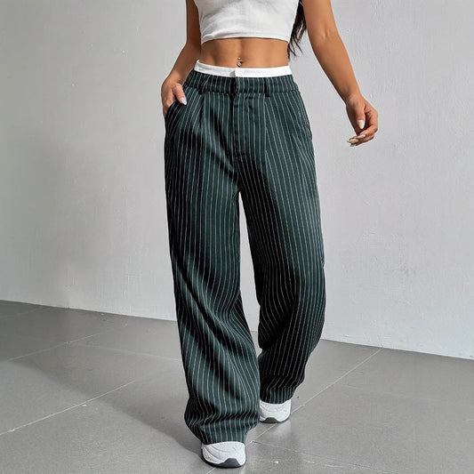 Stripe Printed Trousers Fashion High Waist Straight Leg Pants With Pocket Zipper