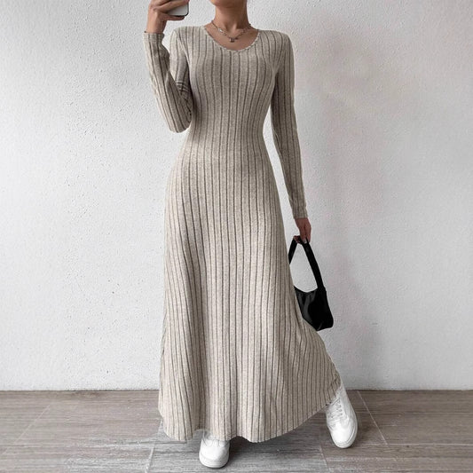 Women's Slim Fit Fashionable Knitted Solid Color Long Sleeve Dress