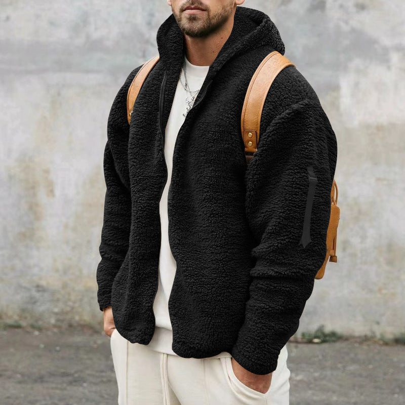 Plush Hooded Jacket Men's Autumn And Winter Fleece Double-sided Wear