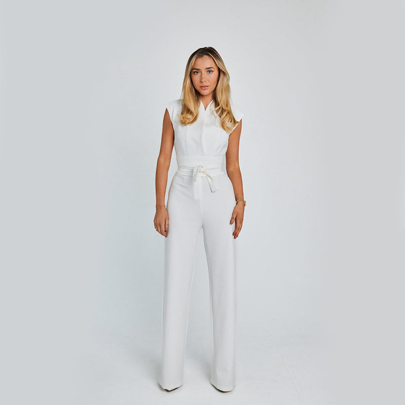 Modieuze en elegante lange mouwloze jumpsuit met V-hals, casual model met wijde pijpen voor de zomer, geschikt voor dames.