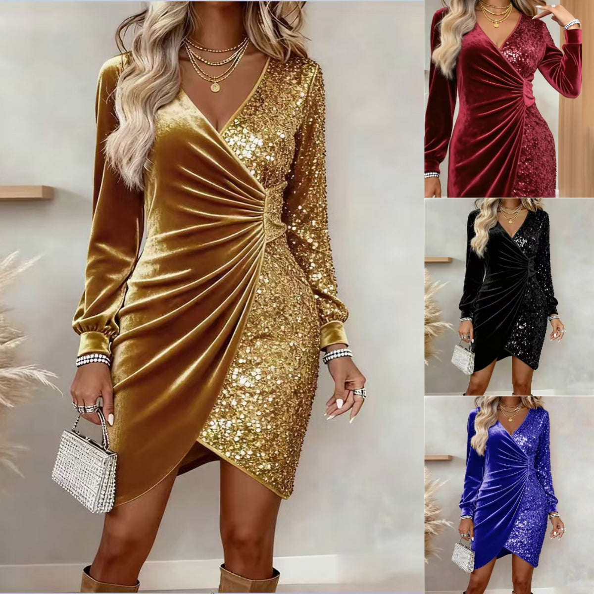 Elegant Sequins Design Long Sleeve Party Dress