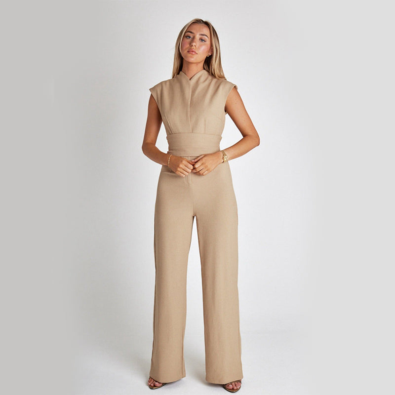 Modieuze en elegante lange mouwloze jumpsuit met V-hals, casual model met wijde pijpen voor de zomer, geschikt voor dames.