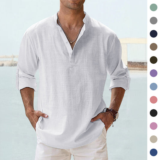 New Men's Casual Blouse Cotton Linen Shirt Loose Tops Long Sleeve