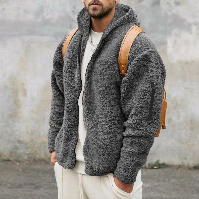 Plush Hooded Jacket Men's Autumn And Winter Fleece Double-sided Wear