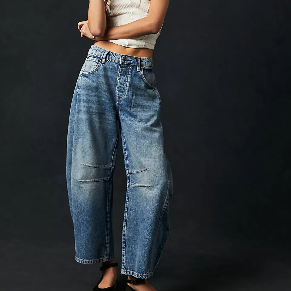 High Stretch Mid-Rise Barrel Jeans met wijde pijpen.